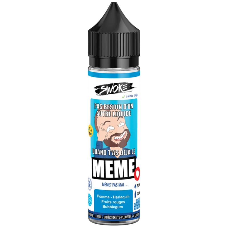 Flacon de 50 ml d'e-liquide Swoke Meme avec étiquette bleue illustrée d'un personnage et bouchon noir à sécurité enfant.