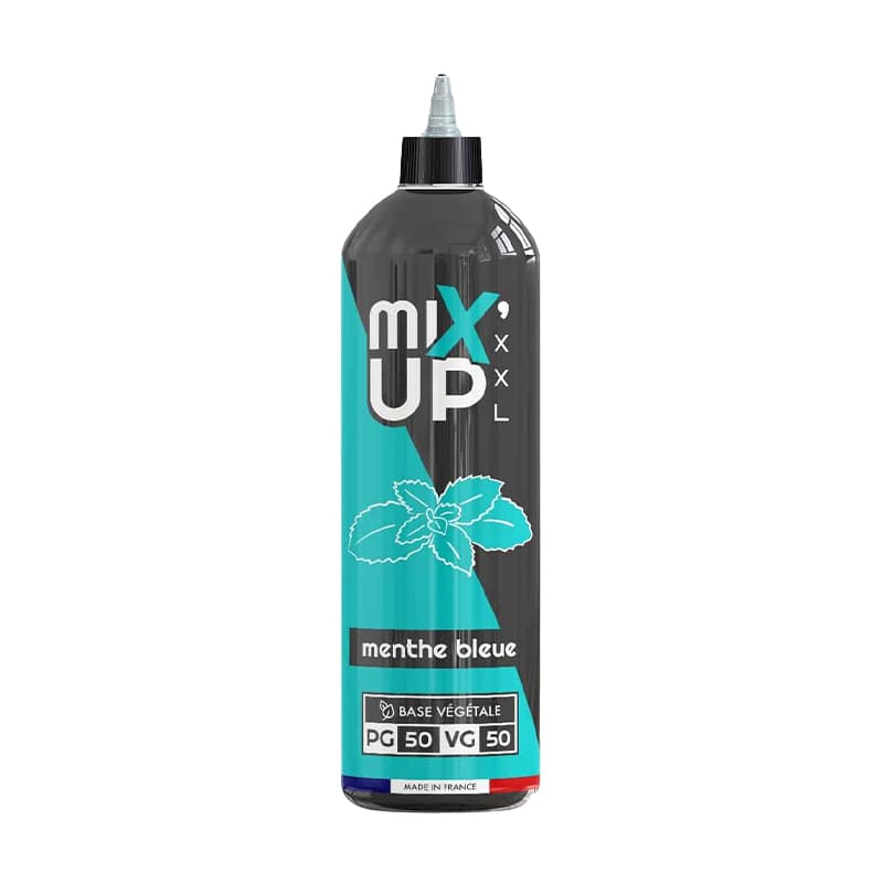 Flacon d'e-liquide Mix'Up XXL Menthe Bleue 1L, design noir et turquoise avec illustration de feuille de menthe.