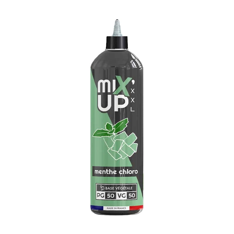Flacon d'e-liquide Mix'Up Menthe Chlorophylle 1L noir et vert avec illustration de feuilles de menthe et base végétale.