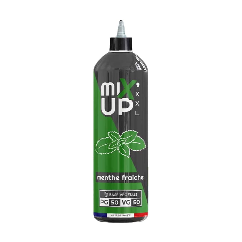 Flacon d'e-liquide Mix'Up XXL Menthe Fraîche 1L, design noir et vert avec illustration de feuilles de menthe.