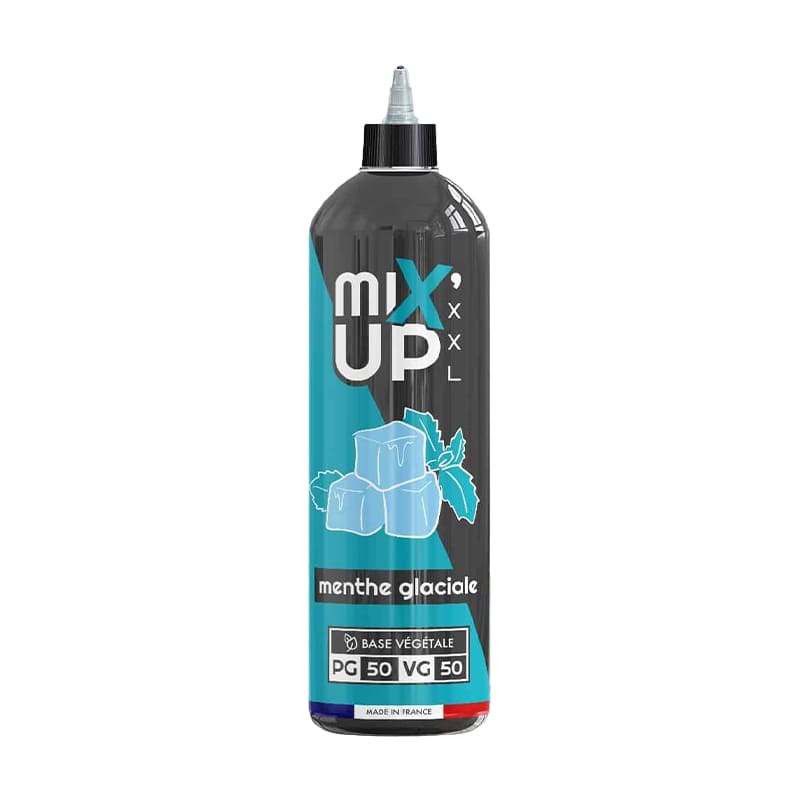 Flacon d'e-liquide Mix'Up XXL Menthe Glaciale 1 litre, design noir et bleu avec illustration de glaçons et feuilles de menthe.
