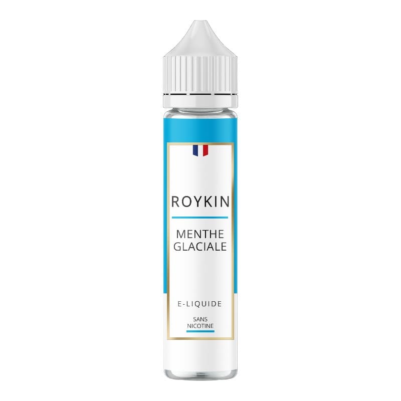 Flacon de 50ml d'e-liquide Roykin Menthe Glaciale avec étiquette bleue et blanche sur fond transparent.