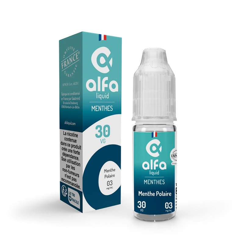 Flacon de 10ml d'e-liquide Alfaliquid Menthe Polaire avec son étui en carton bleu turquoise et blanc.