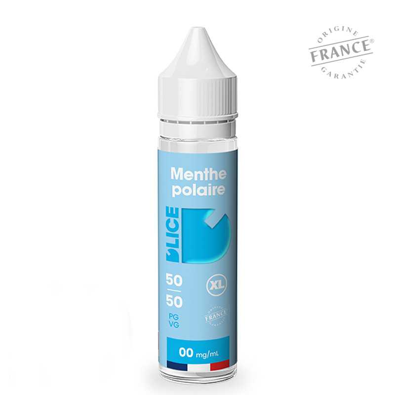 Flacon d'e-liquide D'LICE XL Menthe Polaire 50ml bleu avec bouchon blanc et logo Origine France Garantie.