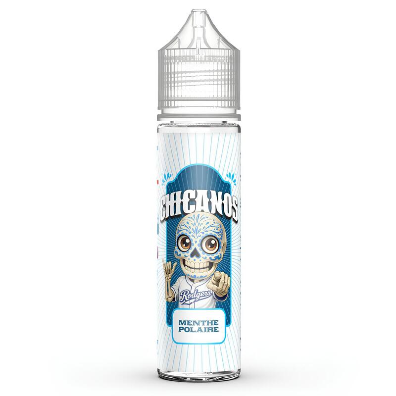 Flacon d'e-liquide Menthe Polaire Chicanos avec étiquette illustrée d'un crâne style calavera sur fond bleu et blanc.
