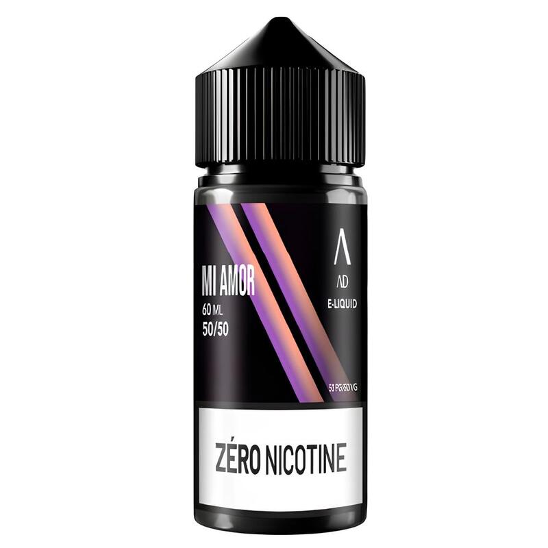 Flacon d'e-liquide Adalya Mi Amor 60ml avec étiquette noire, design violet et mention zéro nicotine.
