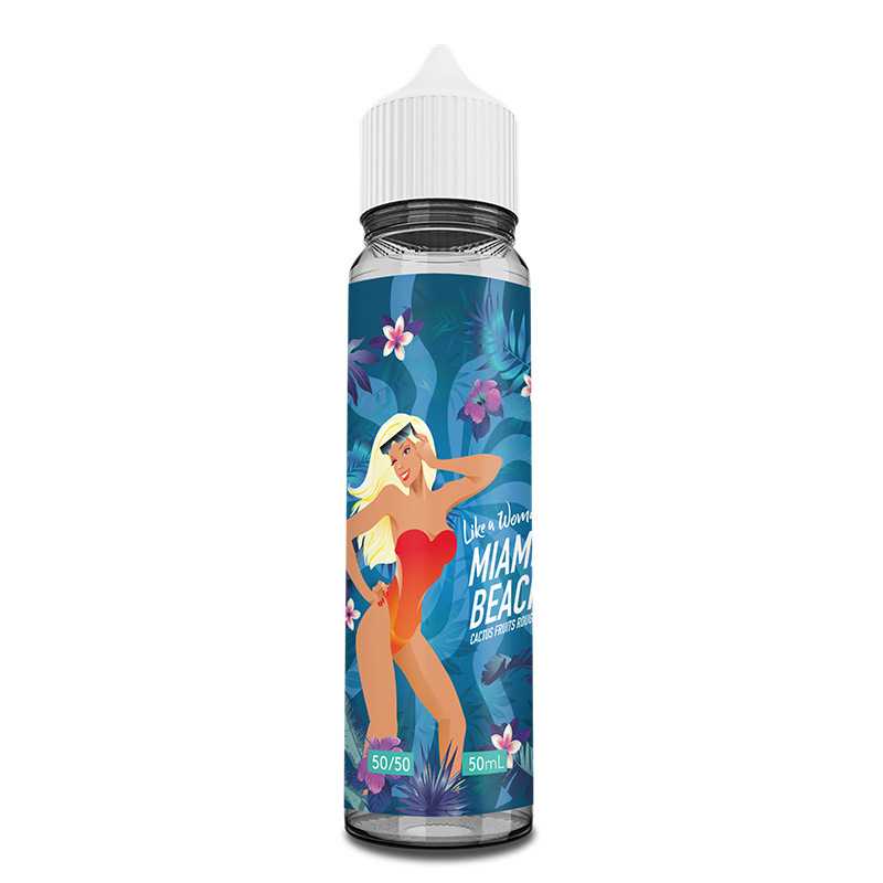 Flacon d'e-liquide Miami Beach 50ml Like A Woman avec illustration de femme en maillot rouge sur fond tropical bleu.
