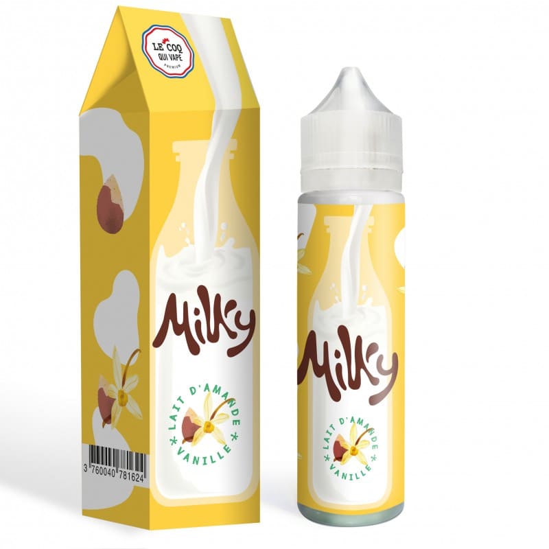 Flacon de 50ml et boîte jaune Milky Lait d'Amande Vanille Le Coq Qui Vape avec illustration de lait et d'amandes.