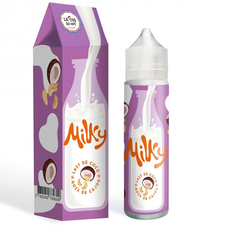 Flacon et boîte de 50ml Milky Lait de Coco et Noix de Cajou Le Coq Qui Vape, design violet avec illustrations gourmandes.