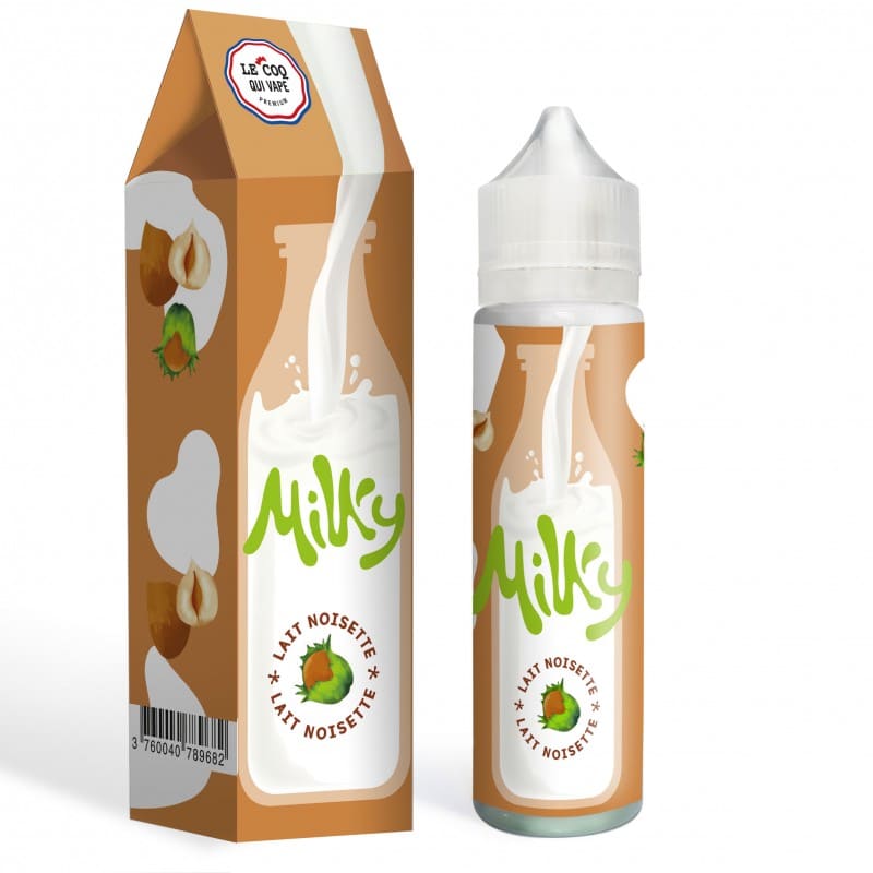 Flacon de 50ml Milky Lait Noisette Le Coq Qui Vape avec son emballage cartonné aux tons beige et lait.