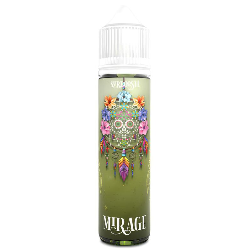 Flacon d'e-liquide Mirage 50ml Full Moon avec étiquette vert olive ornée d'un crâne floral coloré et bouchon blanc.