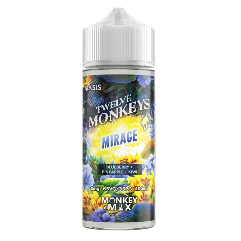 Flacon de e-liquide Twelve Monkeys Mirage avec étiquette colorée aux motifs de fleurs, myrtilles, ananas et kiwi.