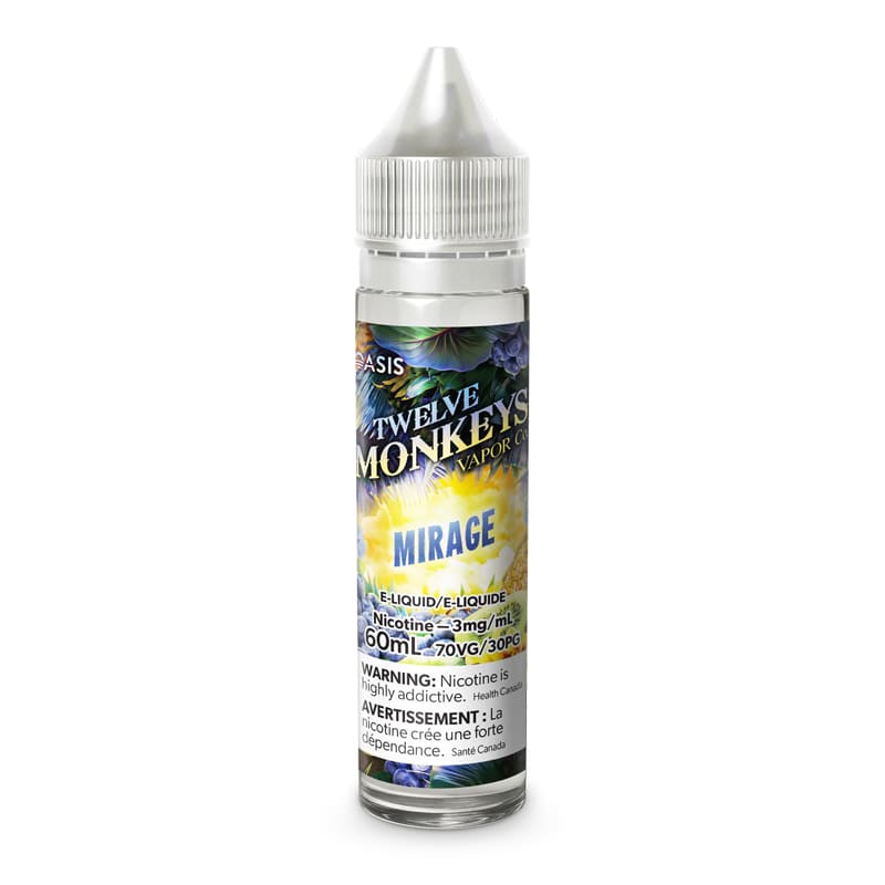 Flacon de e-liquide Twelve Monkeys Mirage avec étiquette colorée illustrant des fruits tropicaux et bouchon blanc.