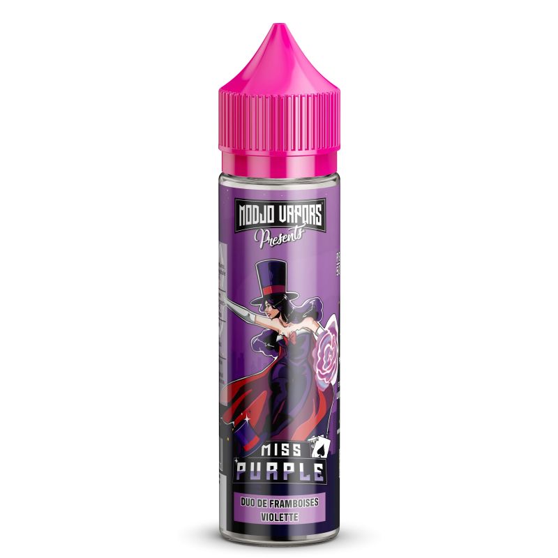 Flacon d'e-liquide Miss Purple 50ml Modjo Vapors avec bouchon rose, étiquette violette illustrée et design premium.