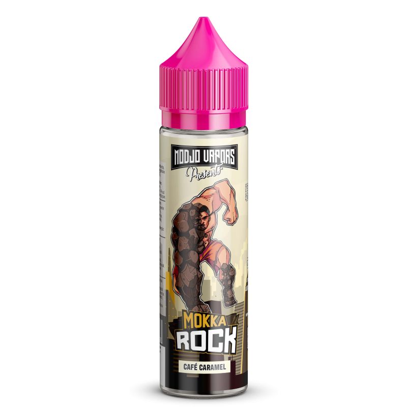 Flacon 50ml Mokka Rock Modjo Vapors avec bouchon rose, étiquette illustrée d'un personnage en pierre sur fond urbain.