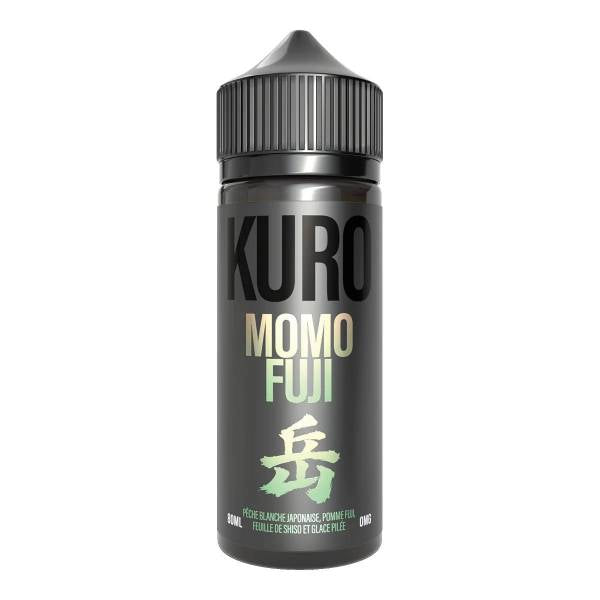 Flacon noir de 80ml d'e-liquide Kuro Momo Fuji avec étiquette minimaliste et typographie japonaise dégradée.