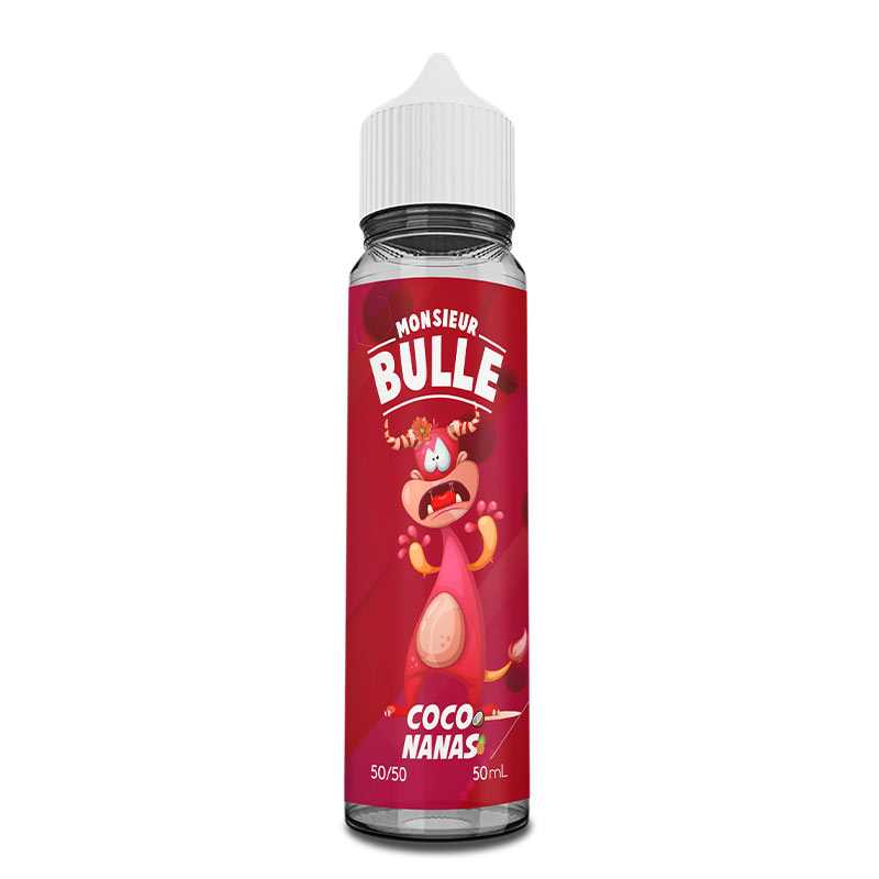 Flacon d'e-liquide Liquideo Monsieur Bulle Coco Nanas 50ml avec étiquette rouge illustrée d'un personnage cartoon.