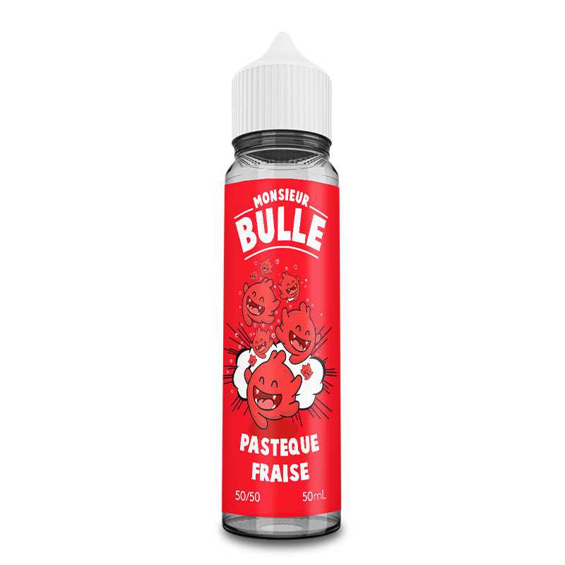 Flacon d'e-liquide Monsieur Bulle Pastèque Fraise 50ml, étiquette rouge avec personnages animés et bouchon blanc.