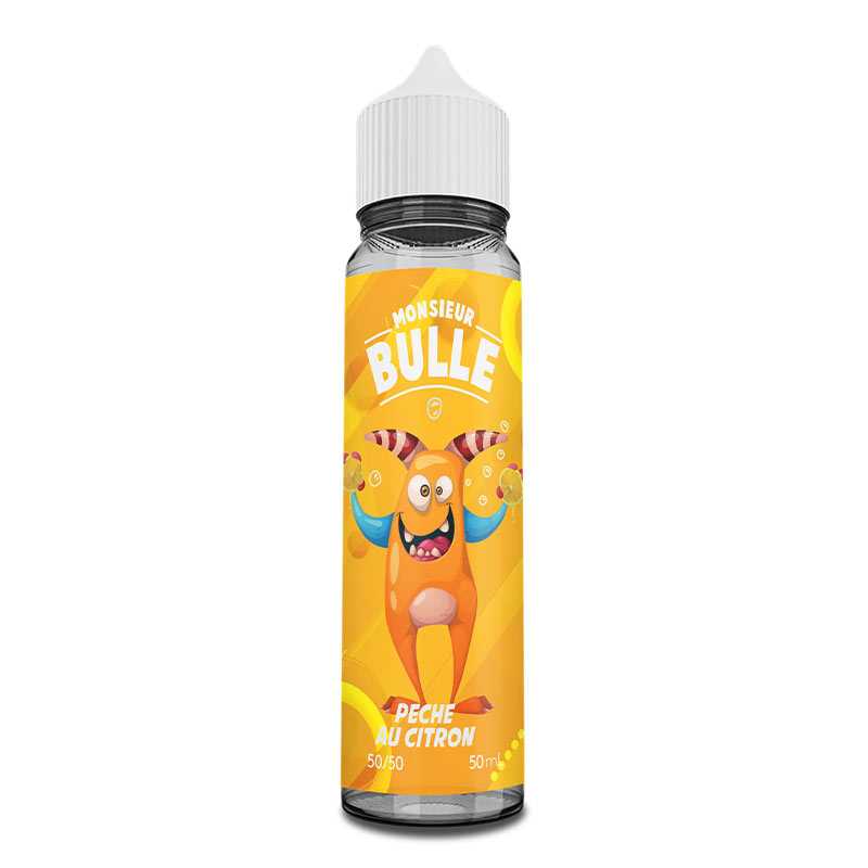 Flacon de 50ml Monsieur Bulle Pêche au Citron par Liquideo avec étiquette jaune et illustration de petit monstre orange.