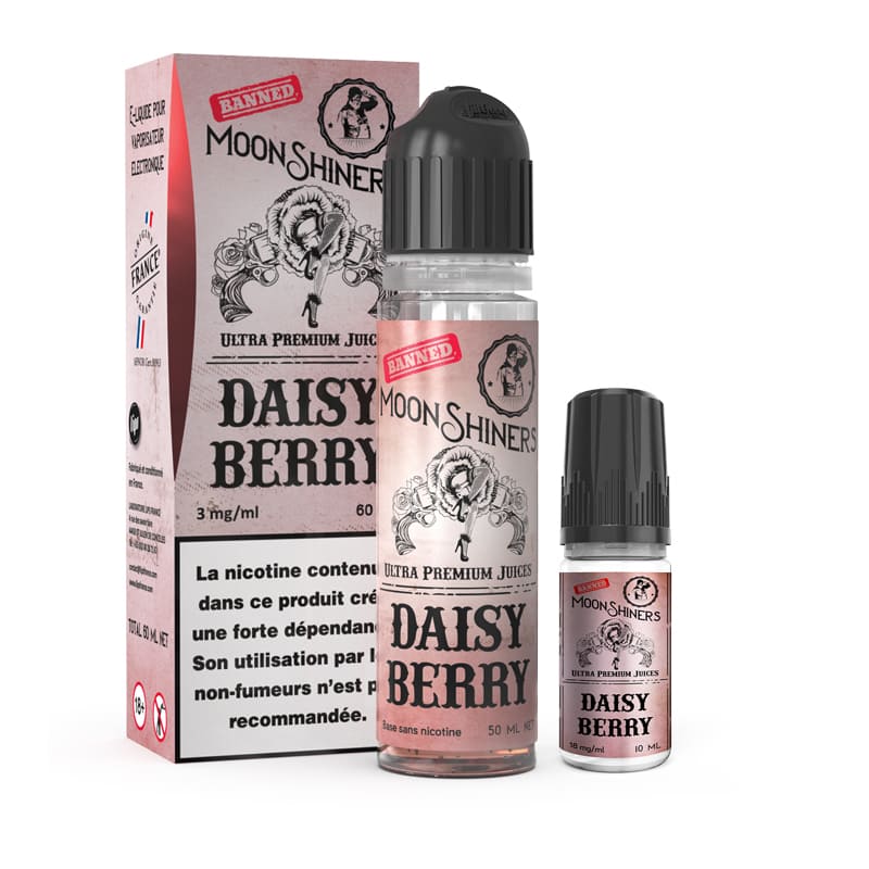 Flacon d'e-liquide Moonshiners Daisy Berry 60ml avec sa boîte rose et son booster de nicotine, design vintage rétro.
