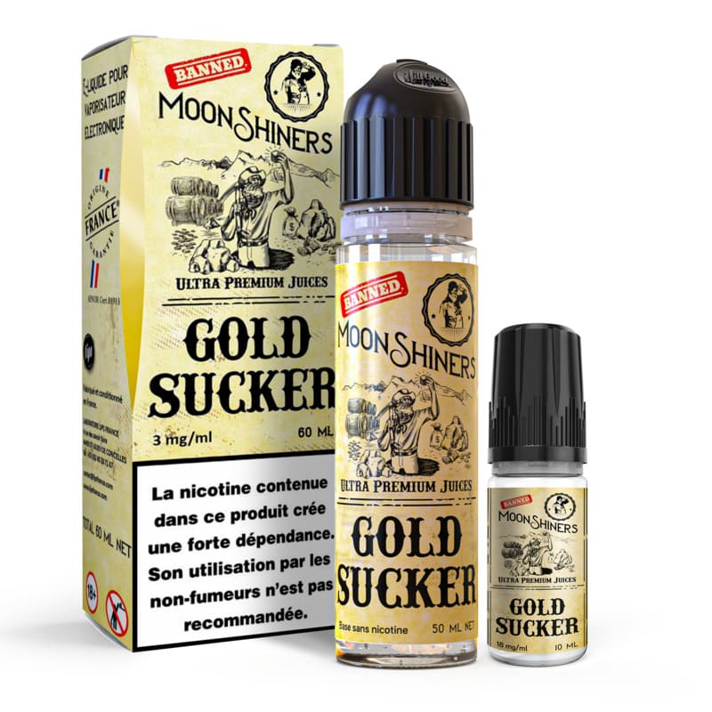 Kit Easy2Shake Moonshiners Gold Sucker avec flacon 60ml, booster 10ml et boîte carton au design vintage doré.