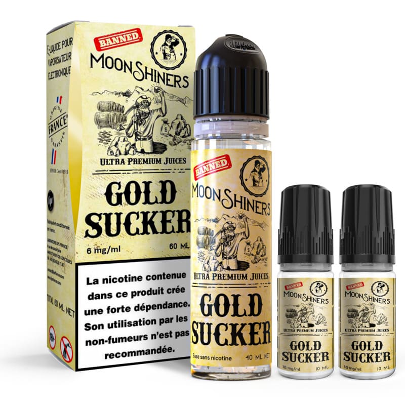 Kit Easy2Shake Moonshiners Gold Sucker : flacon 60ml, deux boosters de nicotine et boîte carton jaune vintage.