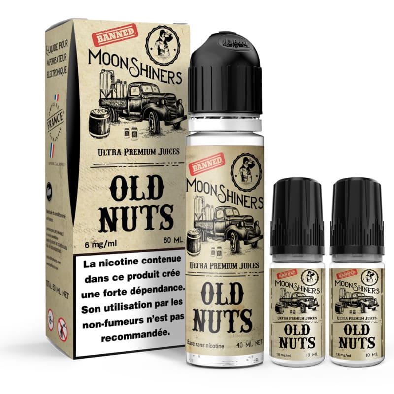 Kit e-liquide Moonshiners Old Nuts avec flacon 60ml, deux boosters de nicotine et boîte en carton au design vintage.