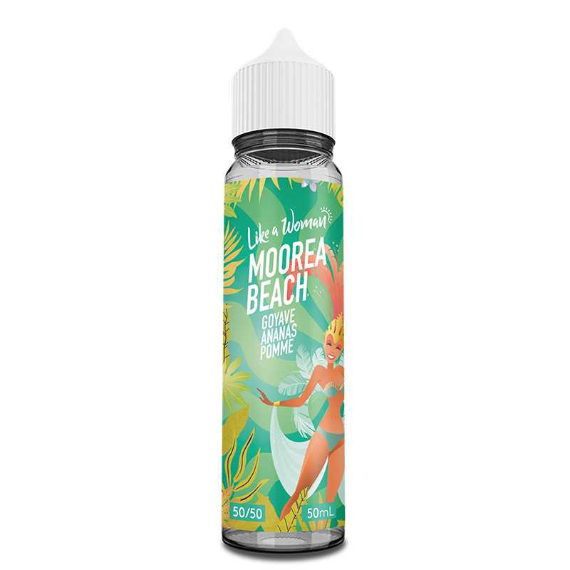 Flacon d'e-liquide Moorea Beach 50ml avec étiquette tropicale colorée, illustration de danseuse et bouchon blanc.