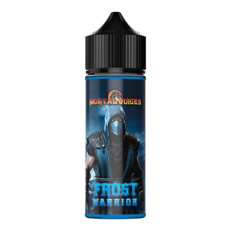 Flacon de 100 ml d'e-liquide Mortal Juices Frost Warrior avec étiquette illustrée d'un guerrier bleu sur fond sombre.