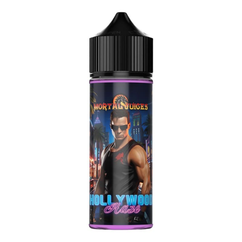 Flacon e-liquide 100ml Mortal Juices Hollywood Haze avec étiquette illustrée d'un personnage style action sur fond urbain.