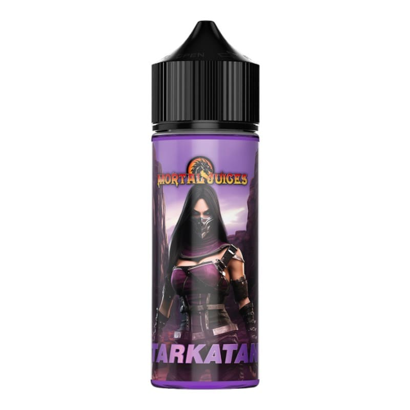 Flacon de 100ml d'e-liquide Mortal Juices Tarkatan avec étiquette violette illustrée d'une guerrière et bouchon noir.