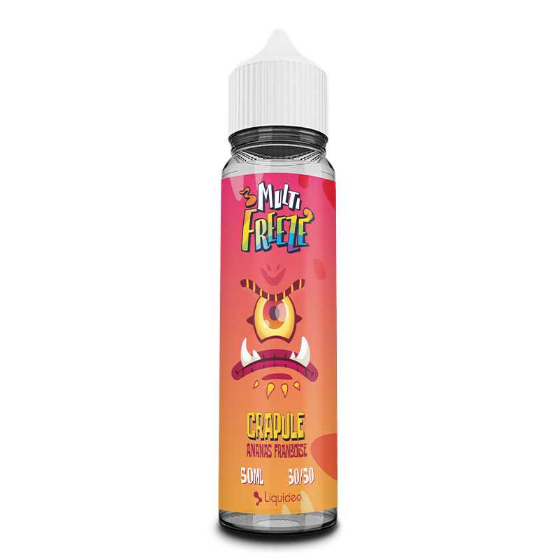 Flacon d'e-liquide Liquideo Multifreeze Crapule 50ml avec étiquette rouge et orange illustrée d'un monstre cyclope.
