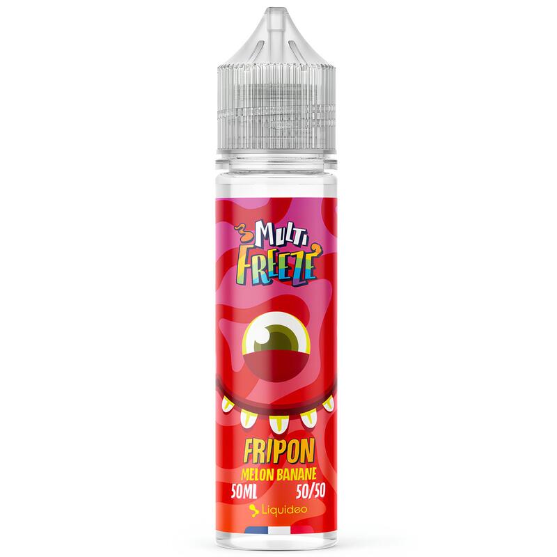 Flacon d'e-liquide Liquideo Multifreeze Fripon 50ml avec étiquette rouge illustrée d'un monstre, bouchon transparent et ratio 50/50.