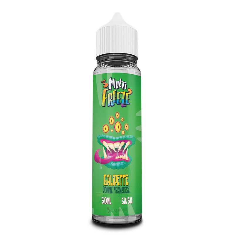 Flacon d'e-liquide Liquideo Multifreeze Galipette 50ml avec étiquette verte illustrée d'un monstre aux dents acérées.