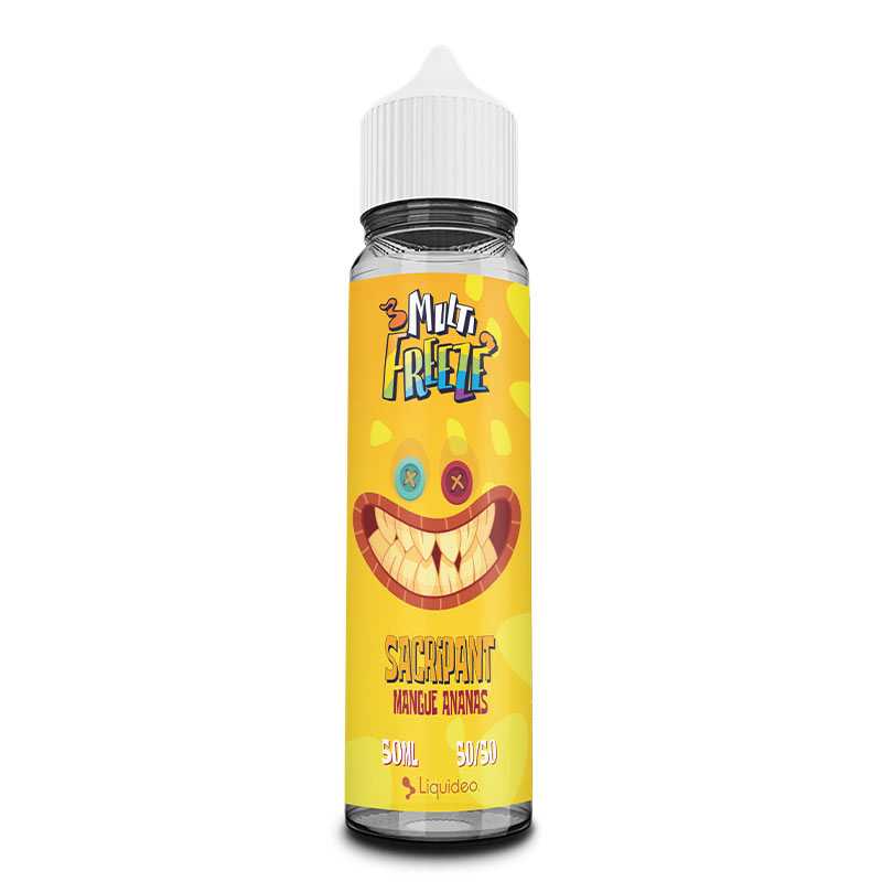 Flacon d'e-liquide Liquideo Multifreeze Sacripant 50ml jaune avec illustration de monstre, saveur mangue ananas.