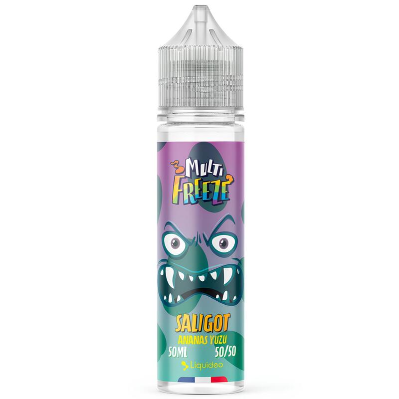 Flacon d'e-liquide Liquideo Multifreeze Saligot 50ml avec étiquette violette illustrant un monstre et saveur ananas yuzu.