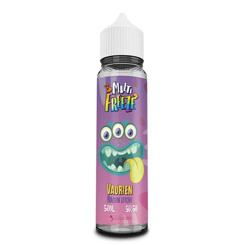 Flacon de 50ml Liquideo Multifreeze Vaurien avec étiquette violette illustrée d'un monstre et saveur raisin litchi.