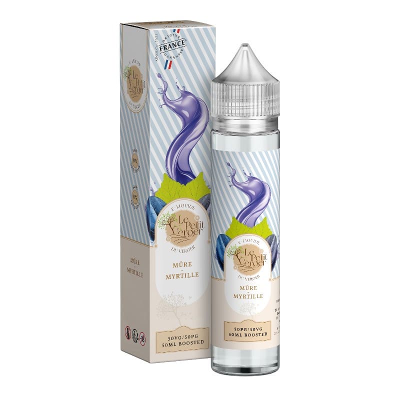 Flacon de 50ml et boîte d'e-liquide Mûre Myrtille Le Petit Verger Savourea avec design fruité et rayures bleues.