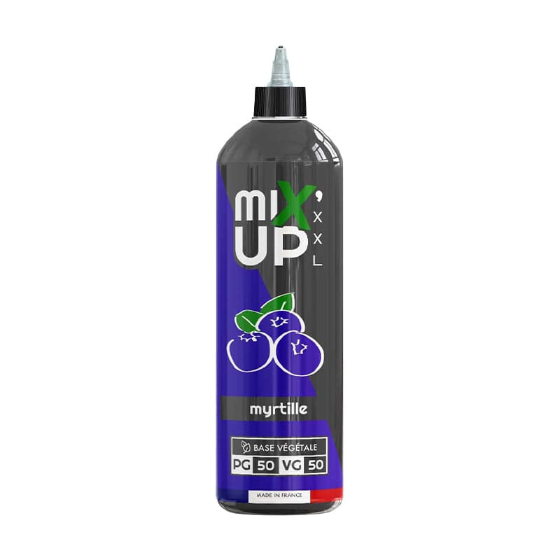 Flacon d'e-liquide Myrtille Mix'Up XXL de 1 litre avec étiquette bleue, base végétale 50/50 et design moderne.