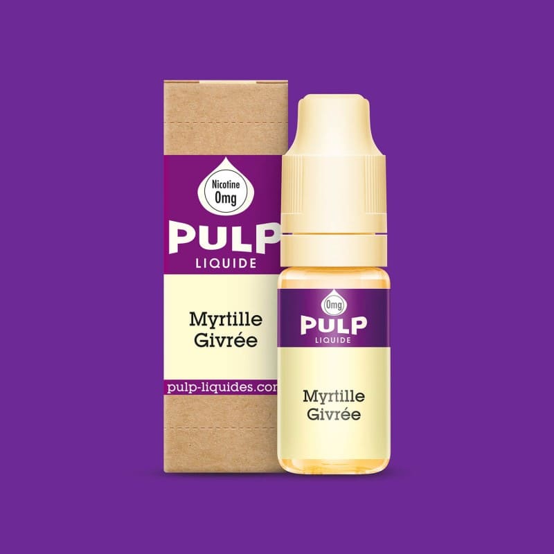 Flacon de 10 ml d'e-liquide PULP Myrtille Givrée avec sa boîte en carton kraft sur fond violet.