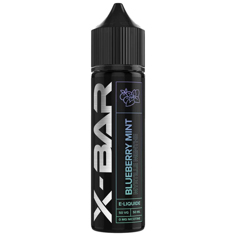 Flacon d'e-liquide X-Bar 50ml Myrtille Menthe, design noir élégant avec étiquette violette et logo blanc, format 0mg nicotine.