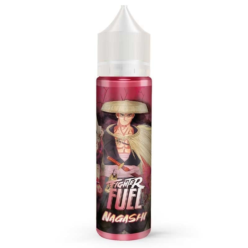 Flacon de e-liquide Fighter Fuel Nagashi avec illustration de samouraï, teintes rouges et bouchon blanc.