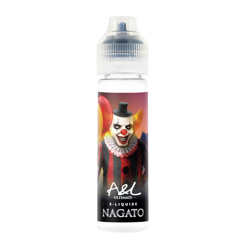 Flacon de 50ml d'e-liquide A&L Ultimate Nagato avec étiquette illustrée d'un clown effrayant sur fond rouge et noir.