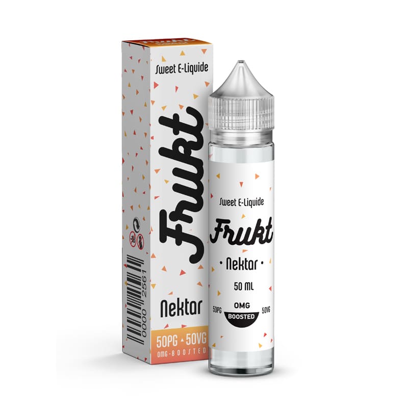 Flacon de 50ml et boîte cartonnée blanche avec motifs triangulaires colorés pour le e-liquide Frukt Nektar de Savourea.