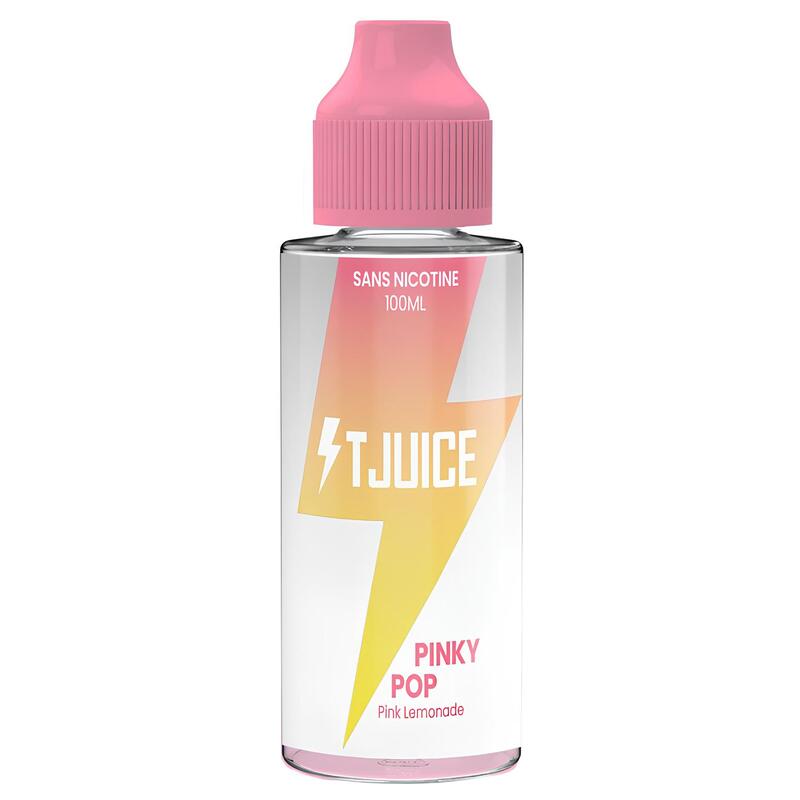 Flacon d'e-liquide T-Juice Pinky Pop 100ml avec bouchon rose, étiquette blanche à motif d'éclair jaune et orange.