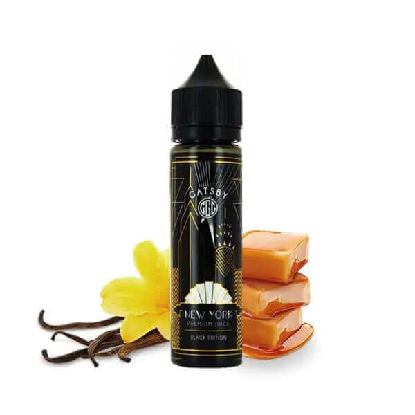 Flacon de 50ml Gatsby New York noir et doré avec des gousses de vanille et des cubes de caramel en arrière-plan.