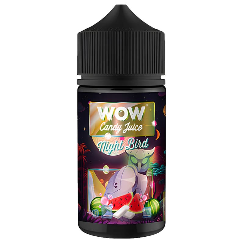 Flacon de 100ml Wow Candy Juice Night Bird avec étiquette illustrée, pastèques et bubble-gum sur fond nocturne coloré.