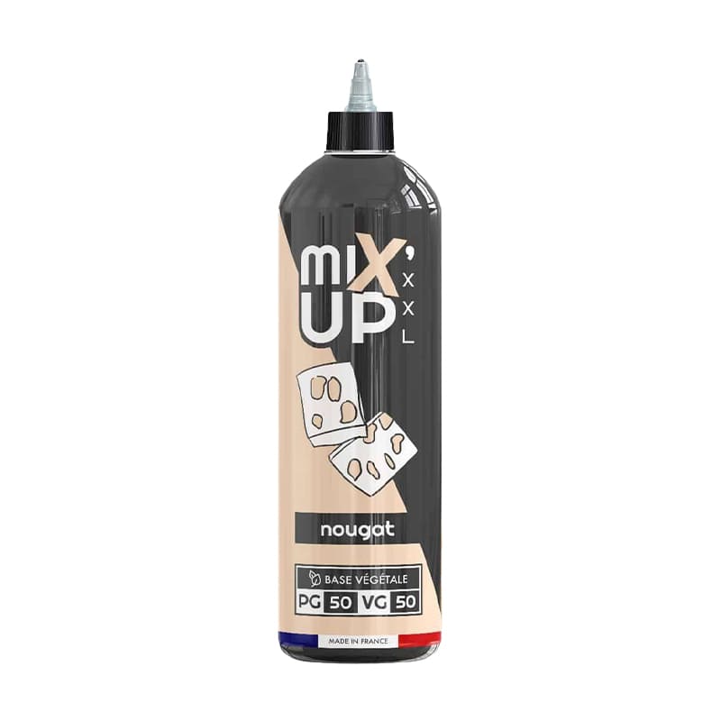 Flacon d'e-liquide Mix'Up XXL Nougat 1 litre, design noir et beige avec illustration de nougat, ratio 50/50 PG/VG, fabrication française.