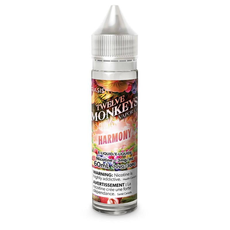 Flacon de 50ml Twelve Monkeys Harmony avec étiquette colorée aux motifs de fruits tropicaux et bouchon blanc.