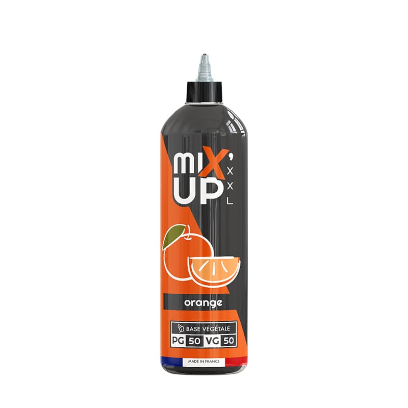 Flacon d'e-liquide Mix'Up XXL Orange 1L avec étiquette orange et noire, base 50/50 PG/VG, fabriqué en France.